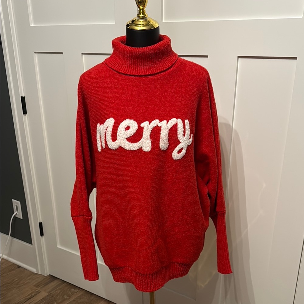 Red Turtleneck Sweater with 'Merry' Design